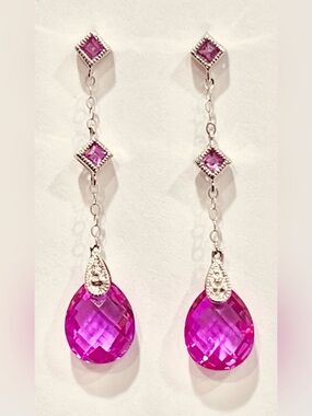✨Stunning Sapphire Bright Pink Teardrop Dangle Earrings White Gold Cushion Cut